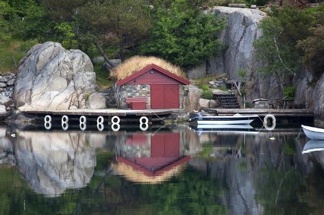 Photographic Print: Norway, Stavanger. Boathouse, Dock, and Reflection on Lysefjord by Kymri Wilt: 24x16in