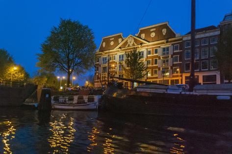 Photographic Print: Amsterdam Canal View at Night by Anna Miller: 18x12in