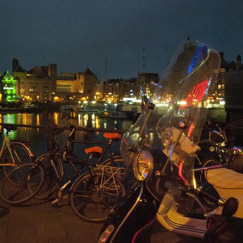 Photographic Print: Motorcycles at Night by Amsterdam Canal by Anna Miller: 16x16in