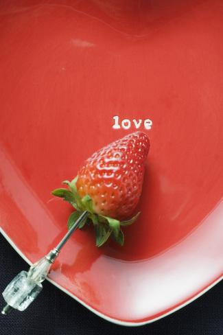 Photographic Print: Strawberry on Skewer on Red Heart-Shaped Plate by Foodcollection: 24x16in