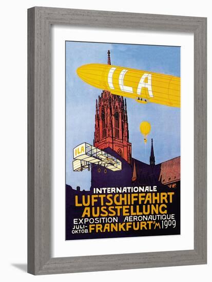 I.L.A., Airship, Balloon and Plane Fly over a Cathedral in Frankfort Wor-null-Framed Art Print