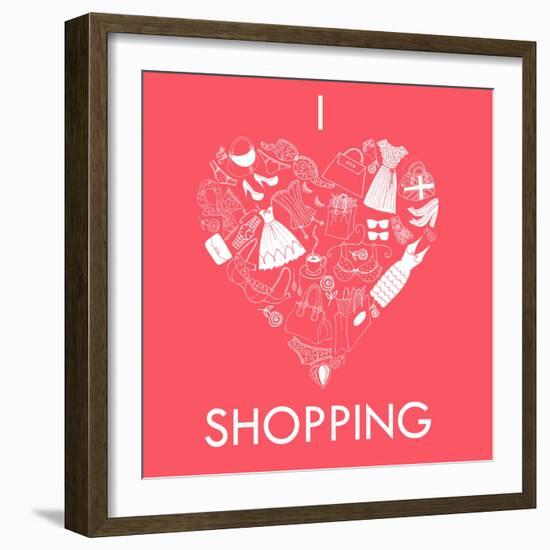 I Love Shopping! A Heart Shape Made of of Different Female Fashion Accessories.-Alisa Foytik-Framed Art Print