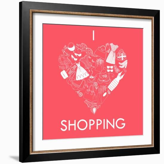 I Love Shopping! A Heart Shape Made of of Different Female Fashion Accessories.-Alisa Foytik-Framed Art Print