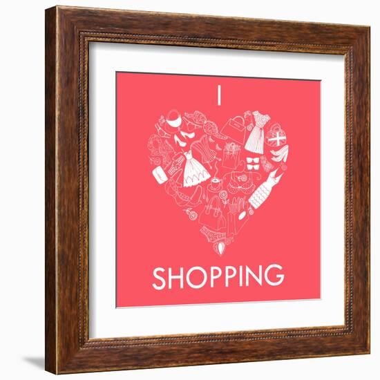 I Love Shopping! A Heart Shape Made of of Different Female Fashion Accessories.-Alisa Foytik-Framed Art Print