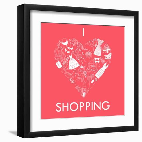 I Love Shopping! A Heart Shape Made of of Different Female Fashion Accessories.-Alisa Foytik-Framed Art Print