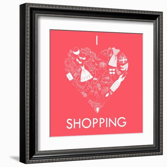 I Love Shopping! A Heart Shape Made of of Different Female Fashion Accessories.-Alisa Foytik-Framed Art Print