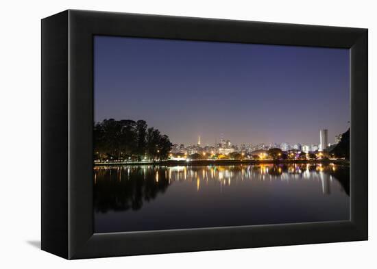 Ibirapuera Park with a Reflection of the Sao Paulo Skyline at Night-Alex Saberi-Framed Premier Image Canvas