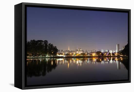 Ibirapuera Park with a Reflection of the Sao Paulo Skyline at Night-Alex Saberi-Framed Premier Image Canvas