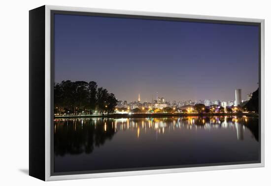 Ibirapuera Park with a Reflection of the Sao Paulo Skyline at Night-Alex Saberi-Framed Premier Image Canvas