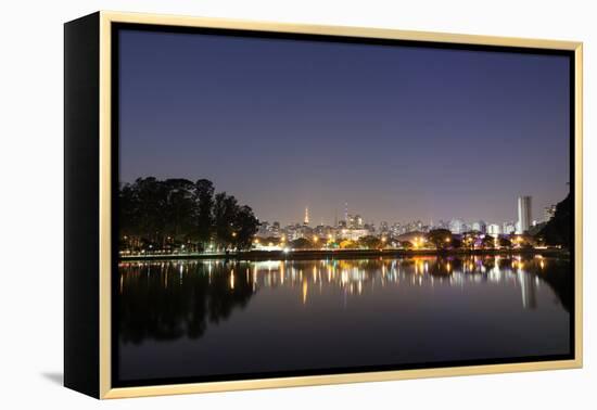 Ibirapuera Park with a Reflection of the Sao Paulo Skyline at Night-Alex Saberi-Framed Premier Image Canvas