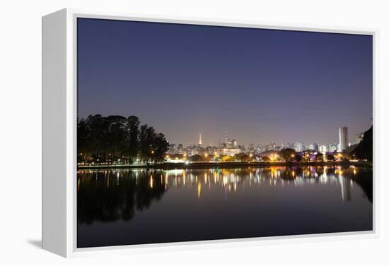 Ibirapuera Park with a Reflection of the Sao Paulo Skyline at Night-Alex Saberi-Framed Premier Image Canvas