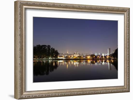 Ibirapuera Park with a Reflection of the Sao Paulo Skyline at Night-Alex Saberi-Framed Photographic Print