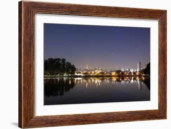 Ibirapuera Park with a Reflection of the Sao Paulo Skyline at Night-Alex Saberi-Framed Photographic Print