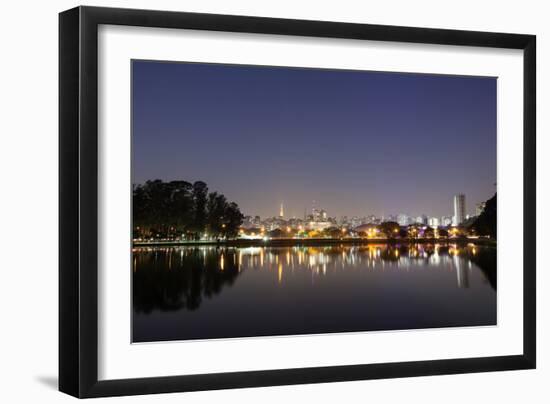 Ibirapuera Park with a Reflection of the Sao Paulo Skyline at Night-Alex Saberi-Framed Photographic Print