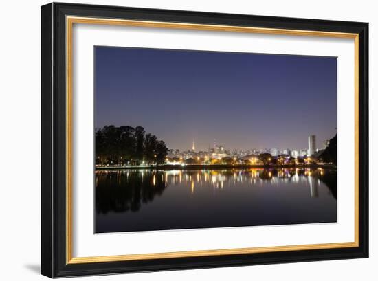 Ibirapuera Park with a Reflection of the Sao Paulo Skyline at Night-Alex Saberi-Framed Photographic Print