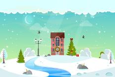 Winter Nature Landscape with River. Cute House with Christmas Fir-Tree, Lantern (Street Light) and-icanFly-Framed Art Print