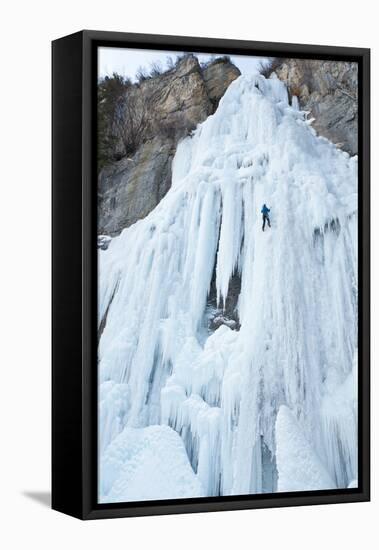 Ice Climber Ascending Stewart Falls, Utah, Sundance Resort-Howie Garber-Framed Premier Image Canvas