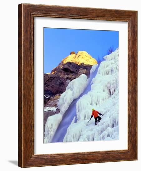 Ice Climber Enjoys Bridal Veil Falls, Wasatch Mountains, Utah, USA-Howie Garber-Framed Photographic Print