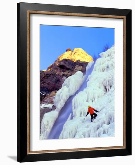 Ice Climber Enjoys Bridal Veil Falls, Wasatch Mountains, Utah, USA-Howie Garber-Framed Photographic Print