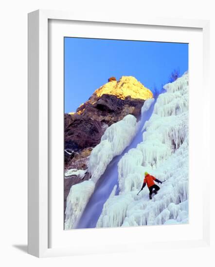 Ice Climber Enjoys Bridal Veil Falls, Wasatch Mountains, Utah, USA-Howie Garber-Framed Photographic Print