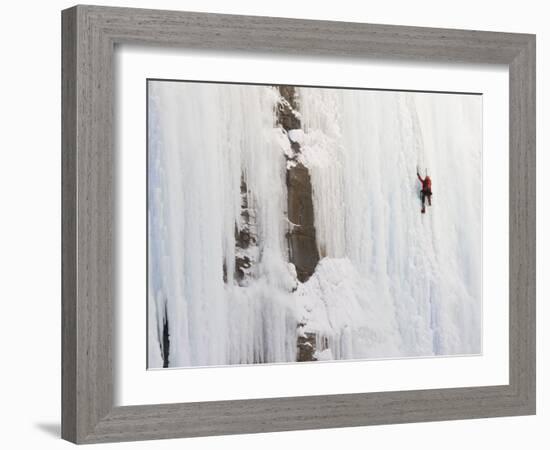 Ice Climber on Weeping Wall Above the Icefields Parkway, Banff National Park, Alberta, Canada-Don Grall-Framed Photographic Print