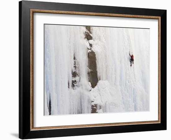 Ice Climber on Weeping Wall Above the Icefields Parkway, Banff National Park, Alberta, Canada-Don Grall-Framed Photographic Print