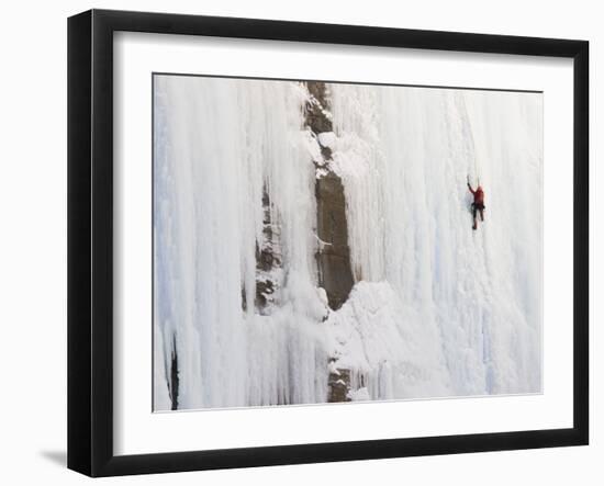 Ice Climber on Weeping Wall Above the Icefields Parkway, Banff National Park, Alberta, Canada-Don Grall-Framed Photographic Print