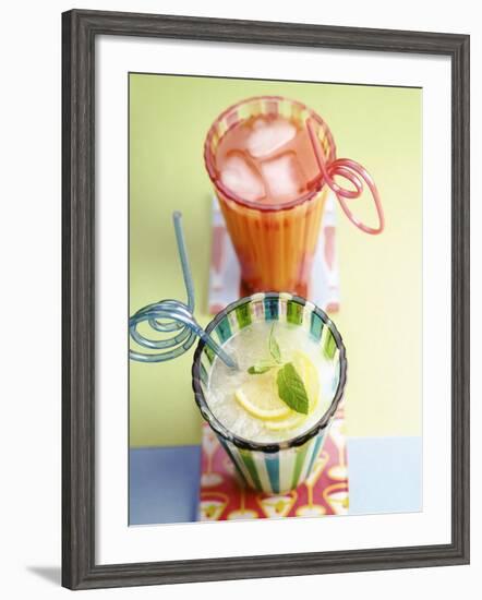 Ice-Cold Lemonade and Pink Grapefruit Juice in Glasses-null-Framed Photographic Print