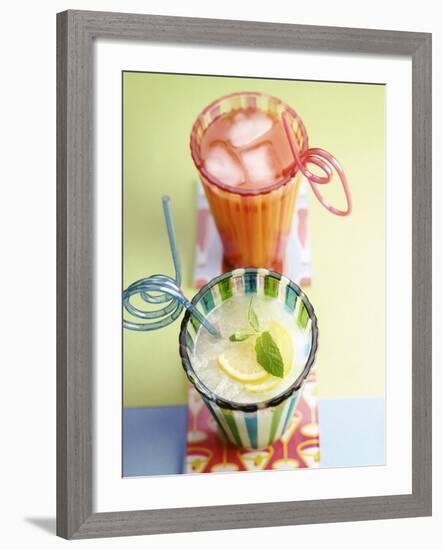 Ice-Cold Lemonade and Pink Grapefruit Juice in Glasses-null-Framed Photographic Print