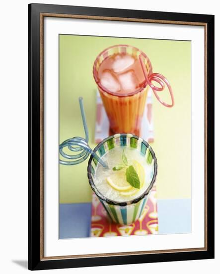 Ice-Cold Lemonade and Pink Grapefruit Juice in Glasses-null-Framed Photographic Print