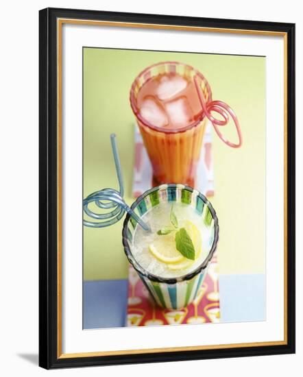 Ice-Cold Lemonade and Pink Grapefruit Juice in Glasses-null-Framed Photographic Print