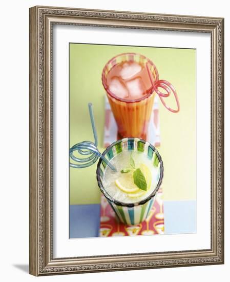 Ice-Cold Lemonade and Pink Grapefruit Juice in Glasses-null-Framed Photographic Print