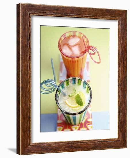 Ice-Cold Lemonade and Pink Grapefruit Juice in Glasses-null-Framed Photographic Print