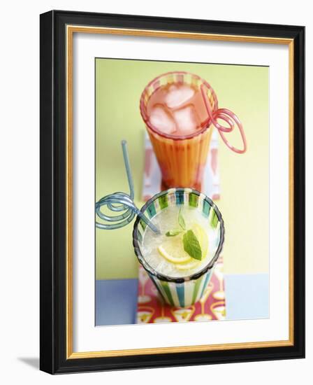 Ice-Cold Lemonade and Pink Grapefruit Juice in Glasses-null-Framed Photographic Print