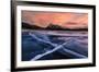 Ice cracks along Abraham Lake in Banff, Canada at sunset with pink clouds and scenic mountains-David Chang-Framed Photographic Print