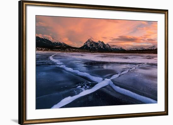 Ice cracks along Abraham Lake in Banff, Canada at sunset with pink clouds and scenic mountains-David Chang-Framed Photographic Print