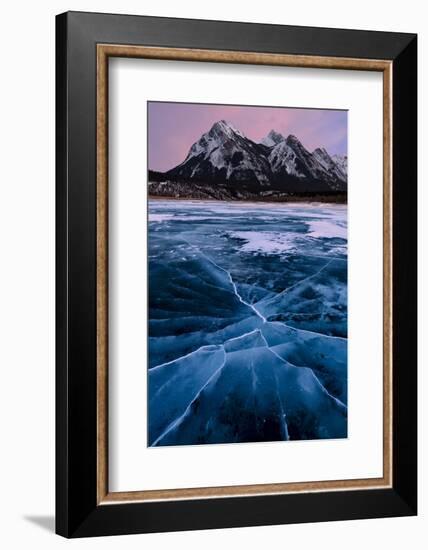 Ice cracks along Abraham Lake in Banff, Canada with purple clouds and scenic mountains-David Chang-Framed Photographic Print