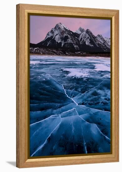 Ice cracks along Abraham Lake in Banff, Canada with purple clouds and scenic mountains-David Chang-Framed Premier Image Canvas