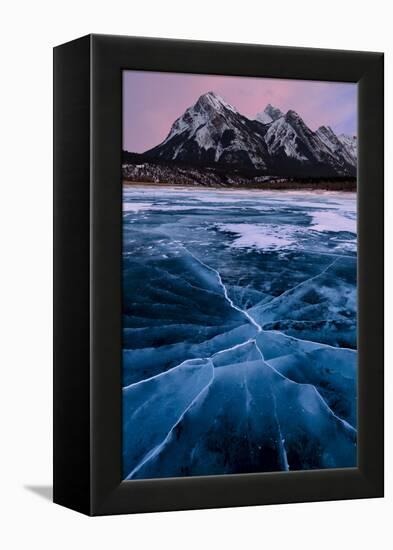 Ice cracks along Abraham Lake in Banff, Canada with purple clouds and scenic mountains-David Chang-Framed Premier Image Canvas