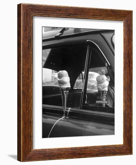 Ice Cream Cone Melting Outside Rolled Up Window of Air Conditioned Car-John Dominis-Framed Photographic Print