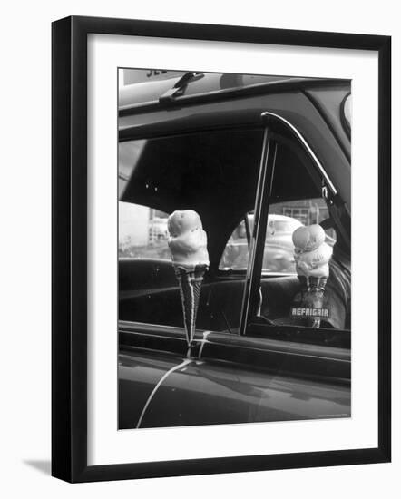 Ice Cream Cone Melting Outside Rolled Up Window of Air Conditioned Car-John Dominis-Framed Photographic Print