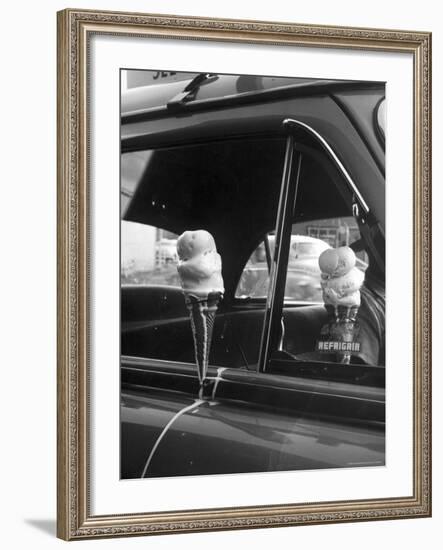 Ice Cream Cone Melting Outside Rolled Up Window of Air Conditioned Car-John Dominis-Framed Photographic Print