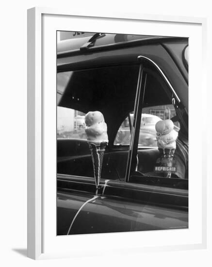 Ice Cream Cone Melting Outside Rolled Up Window of Air Conditioned Car-John Dominis-Framed Photographic Print