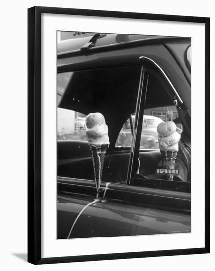 Ice Cream Cone Melting Outside Rolled Up Window of Air Conditioned Car-John Dominis-Framed Photographic Print