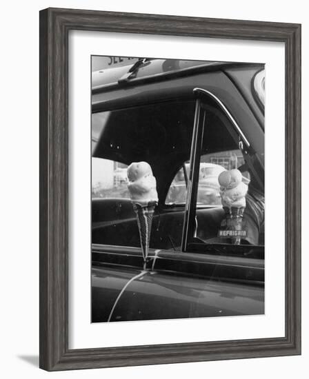 Ice Cream Cone Melting Outside Rolled Up Window of Air Conditioned Car-John Dominis-Framed Photographic Print