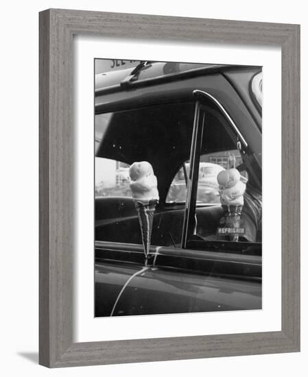 Ice Cream Cone Melting Outside Rolled Up Window of Air Conditioned Car-John Dominis-Framed Photographic Print