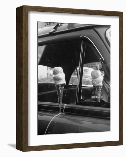 Ice Cream Cone Melting Outside Rolled Up Window of Air Conditioned Car-John Dominis-Framed Photographic Print