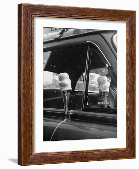 Ice Cream Cone Melting Outside Rolled Up Window of Air Conditioned Car-John Dominis-Framed Photographic Print