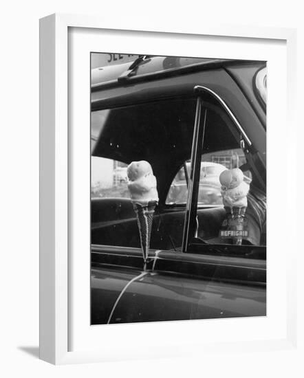 Ice Cream Cone Melting Outside Rolled Up Window of Air Conditioned Car-John Dominis-Framed Photographic Print