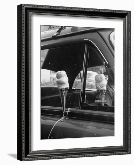 Ice Cream Cone Melting Outside Rolled Up Window of Air Conditioned Car-John Dominis-Framed Photographic Print